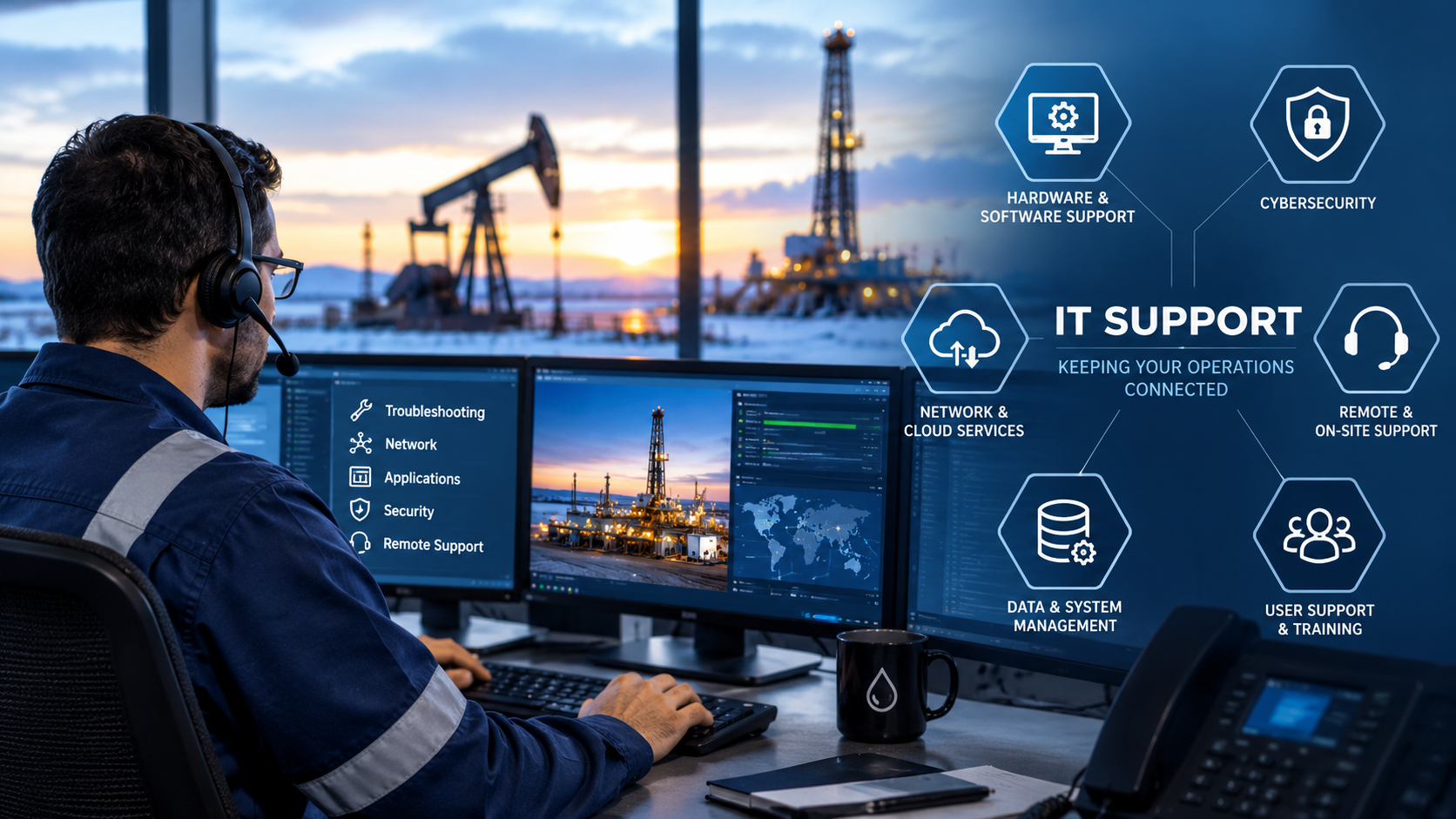 Person working in a control room overlooking an Oil and gas field with IT support icons overlaid on the image.