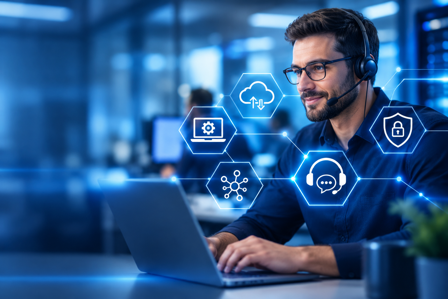 IT support person talking to someone with icons overlaying the image.