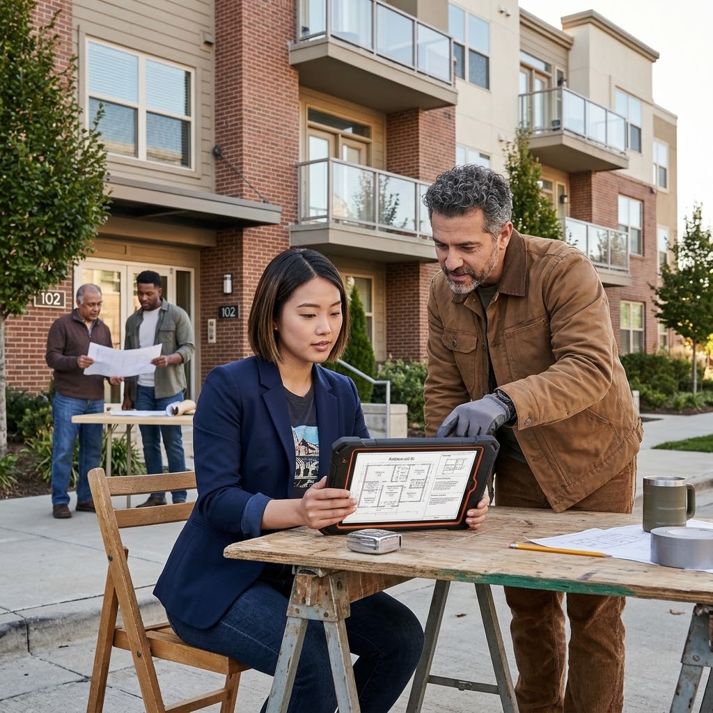 A TrueLink team member shaking hands with a client in front of an apartment.